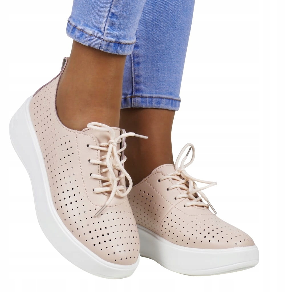 PÓŁBUTY SNEAKERSY AŻUROWE ZE SKÓRY NA KOTURNIE RÓŻOWE PASTELOWE Marka bez marki