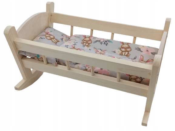 KOŁYSKA DREWNIANA dla lalek NIEMALOWANA + POŚCIEL