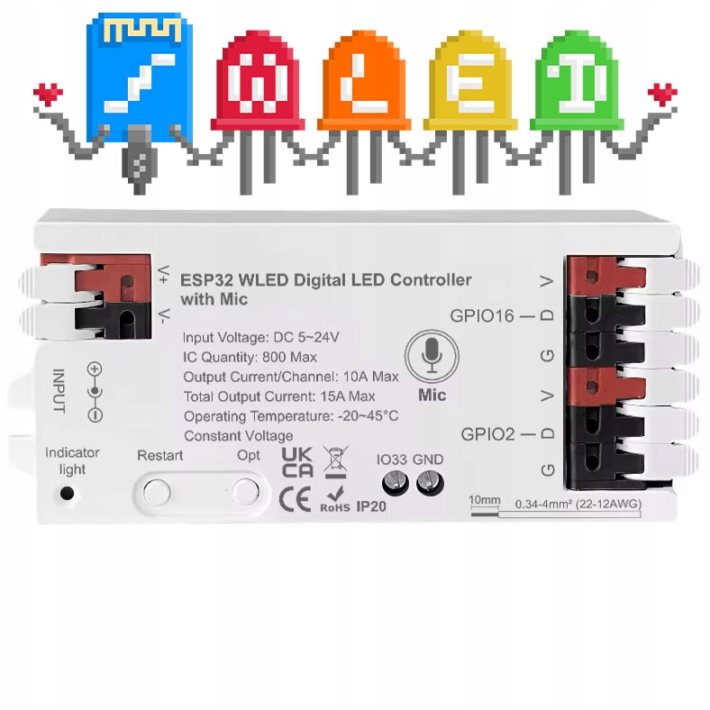 Kontroler Led Rgbic ESP32 10A 5-24V Mikrofon Seria Gl WiFi Wled