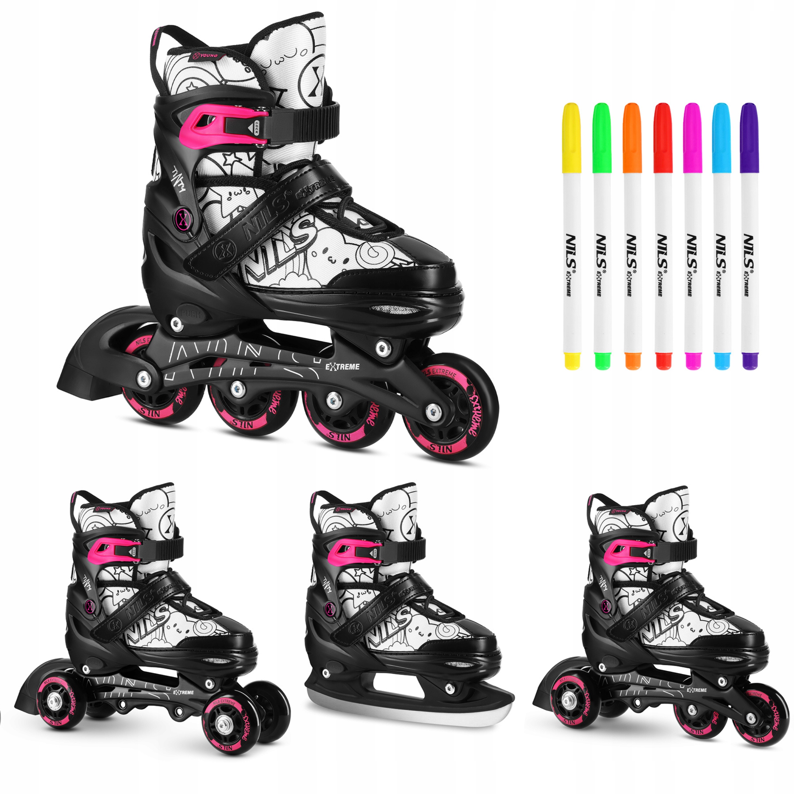 Brusle 2v1 4v1 35-38 růžové kolečkové brusle Diy omalovánky fixy Nils Extreme