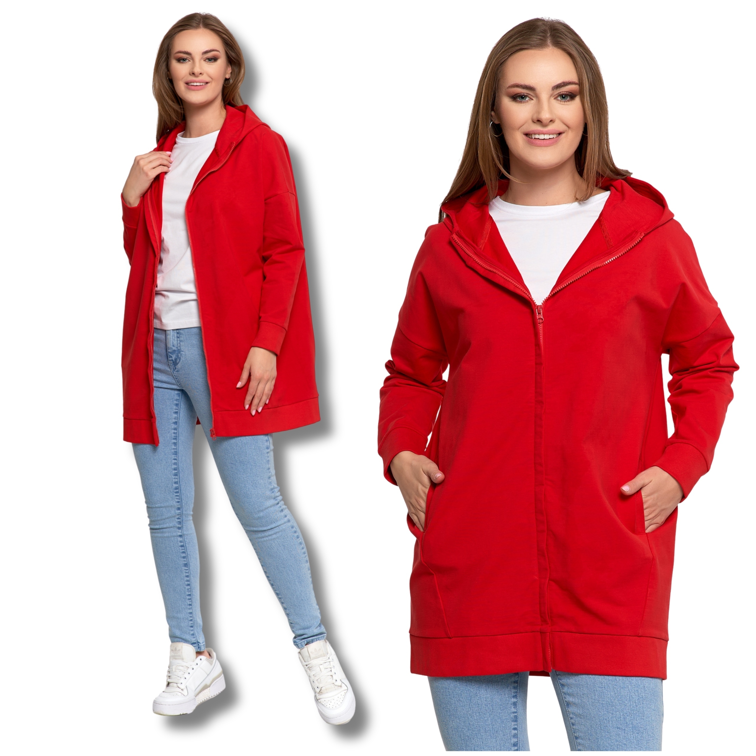 Volná Mikina S Rozepínacím Vzorem, Dlouhá, Hladká, S Kapucí Moraj, 3XL/4XL