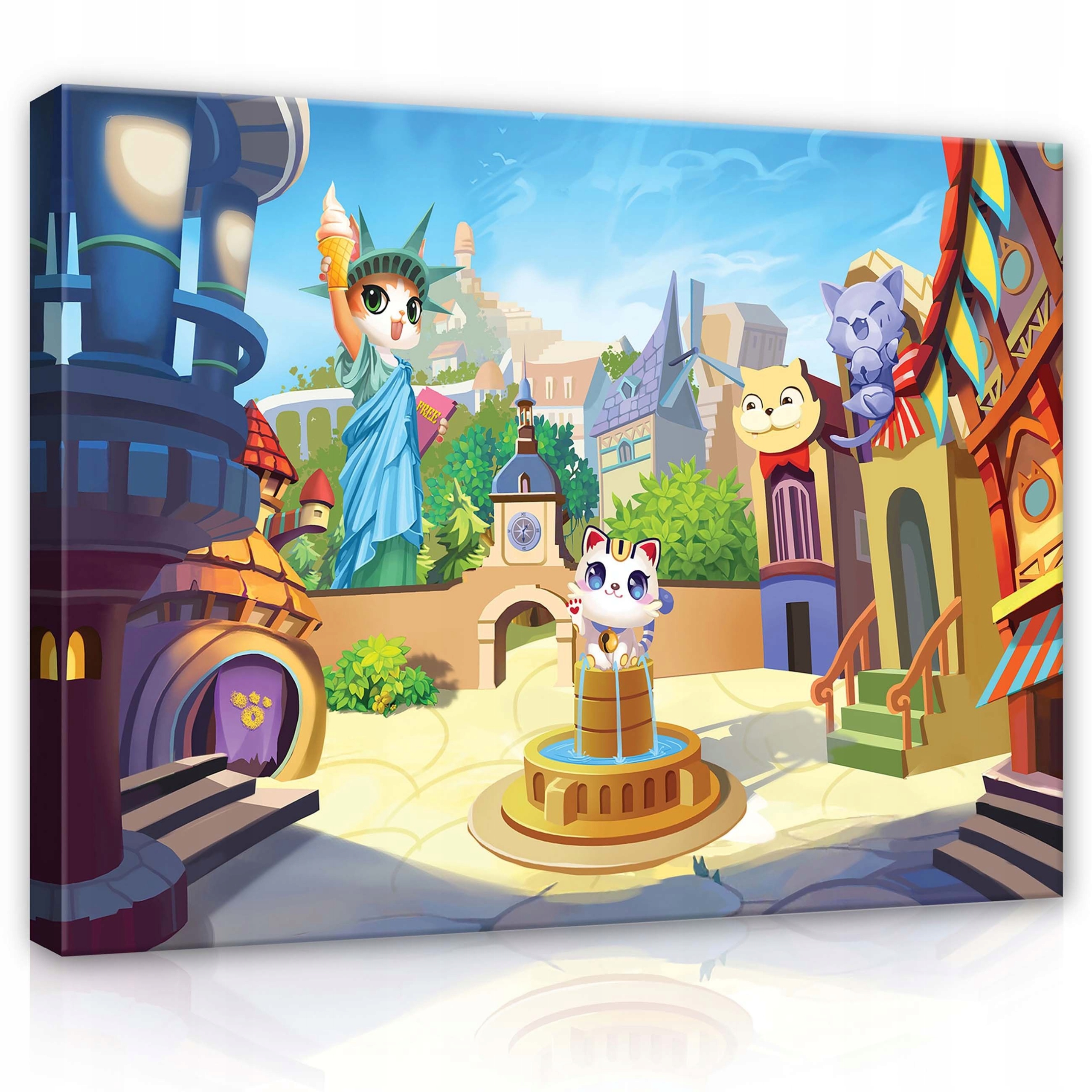 Obraz 80x60 Pohádkové město kočky Socha svobody architektura nebe mraky