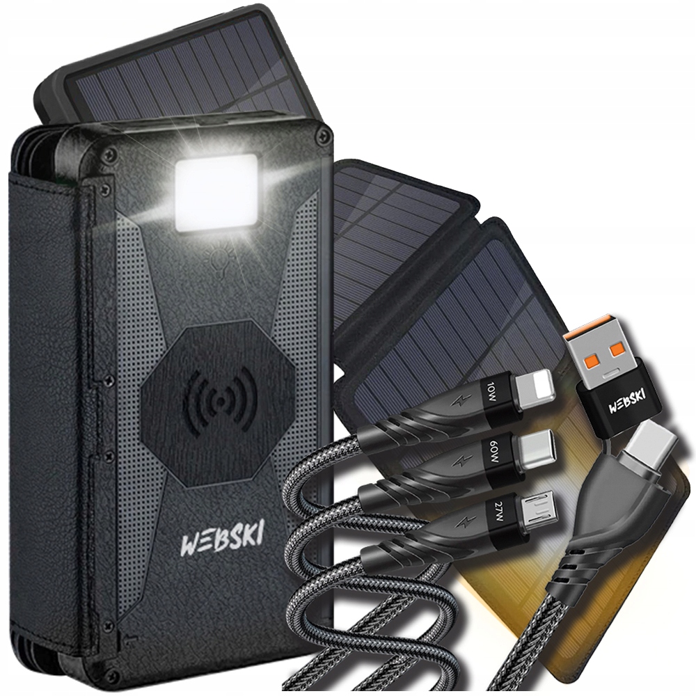 Survivalowy Power Bank Indukcyjny Cztery Panele Solarne Mocny Kabel 6W1