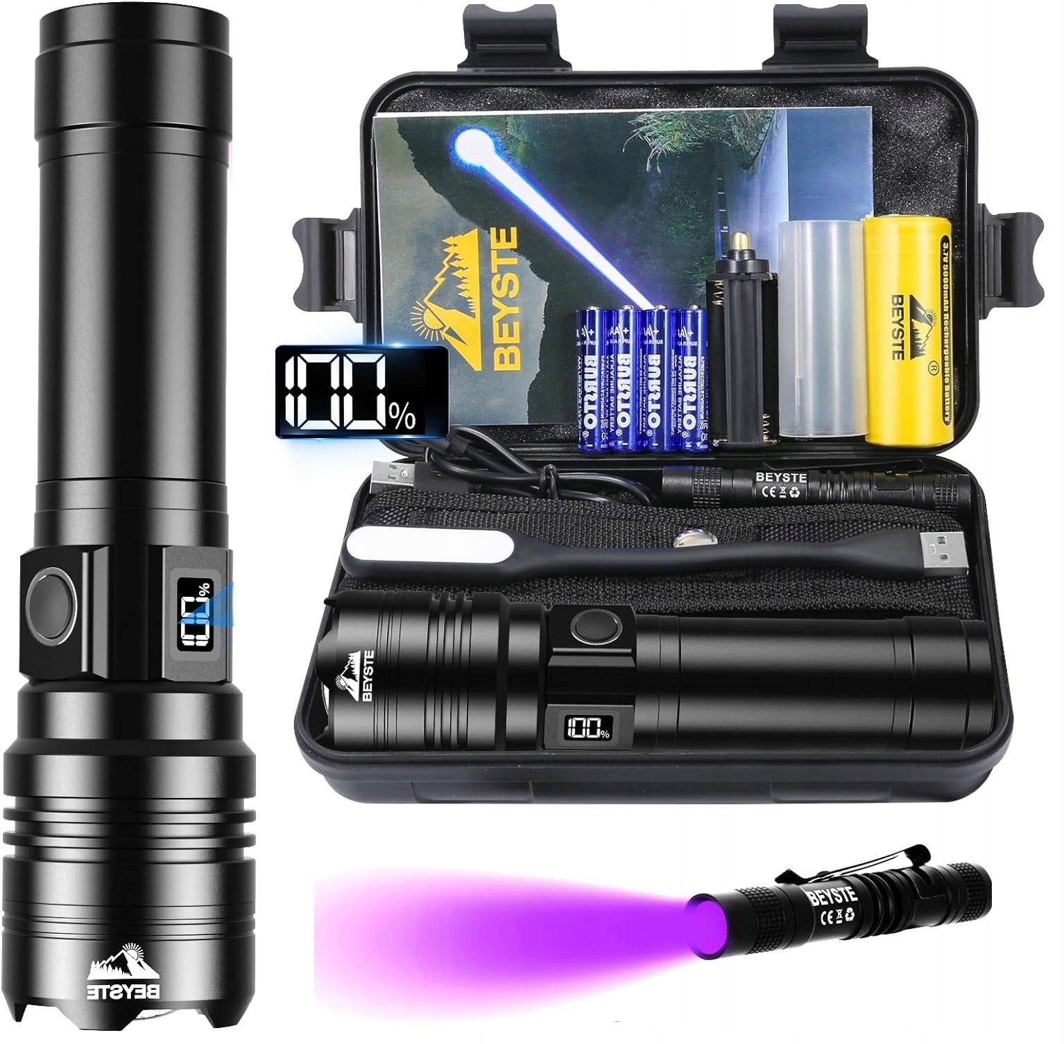 Výkonná Led Svítilna Taktická Uv Funkce Powerbanky Velký dosah Beiste