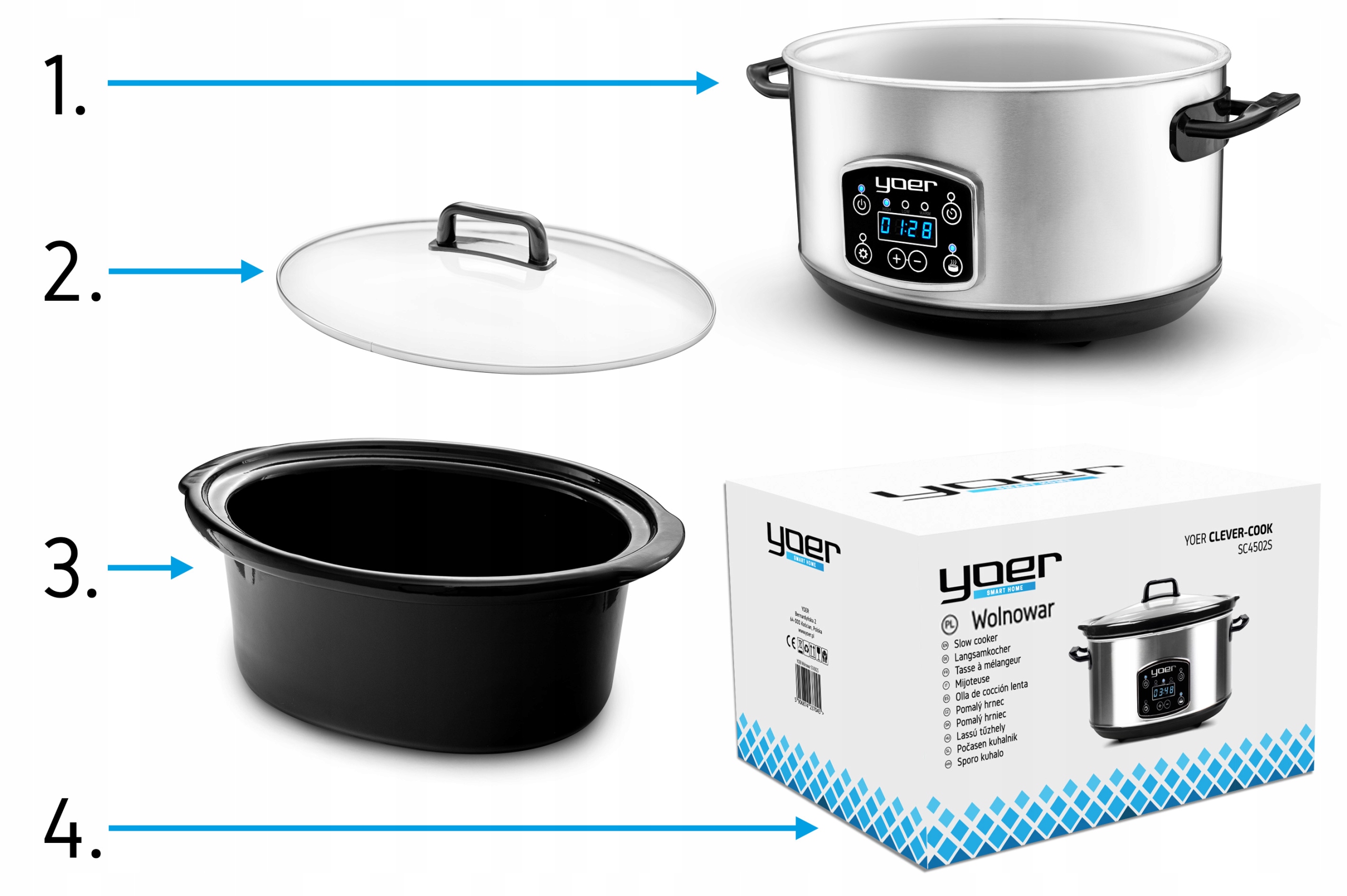 Wolnowar Slow Cooker Garnek ceramiczny 4,5L Yoer 280W INOX LCD +Programator Szerokość produktu 41 cm