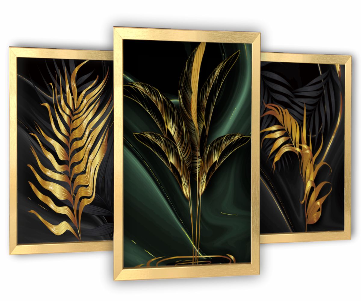 

3 obrazy złote ramy salon złote liście 63x129cm