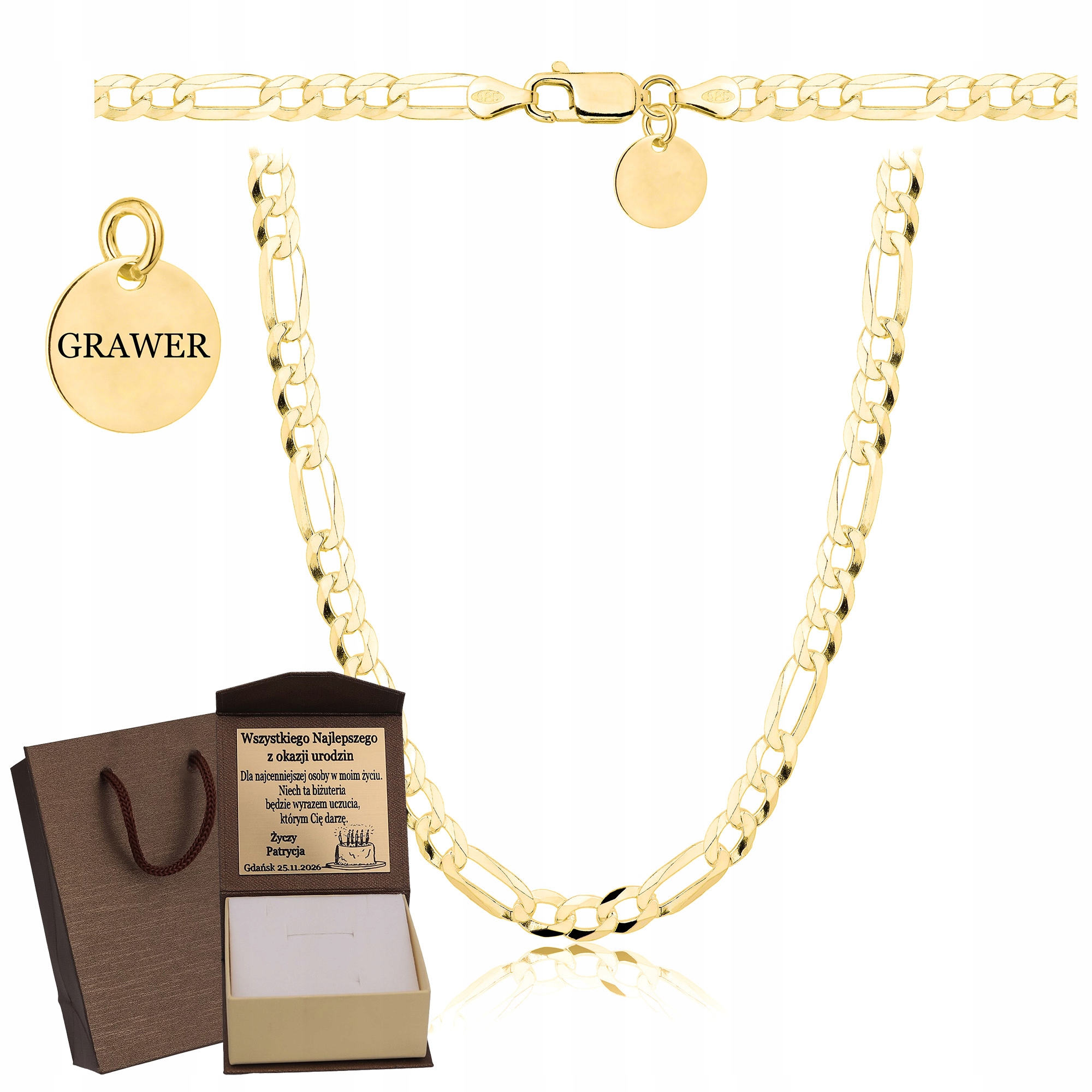 Zlatý Plný Řetízek Pánský Figaro Ryzost 925 585 Pevný Gravírování Bonus