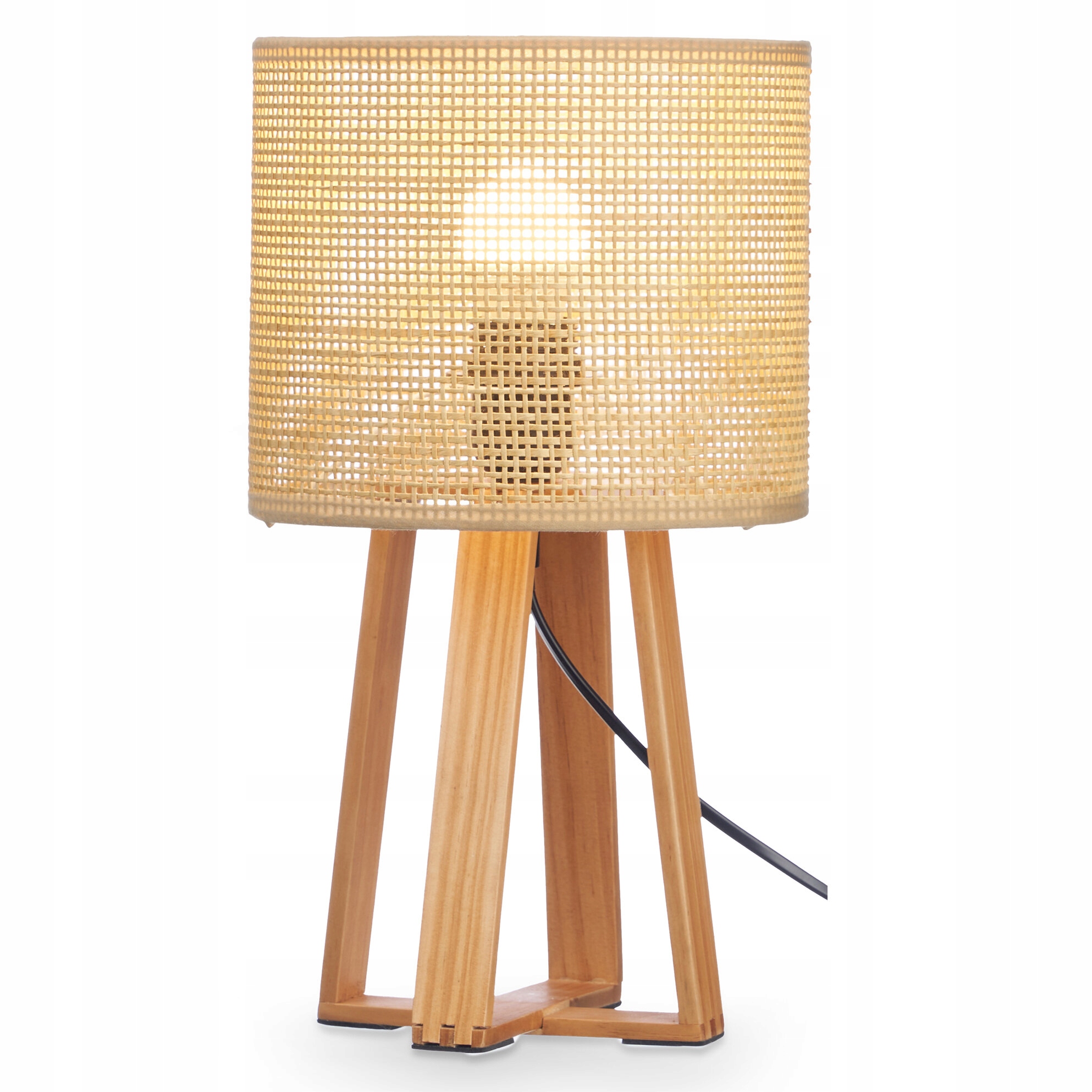 Lampka Nocna Drewniana Boho Pleciony Klosz 36 cm Lampa Stołowa