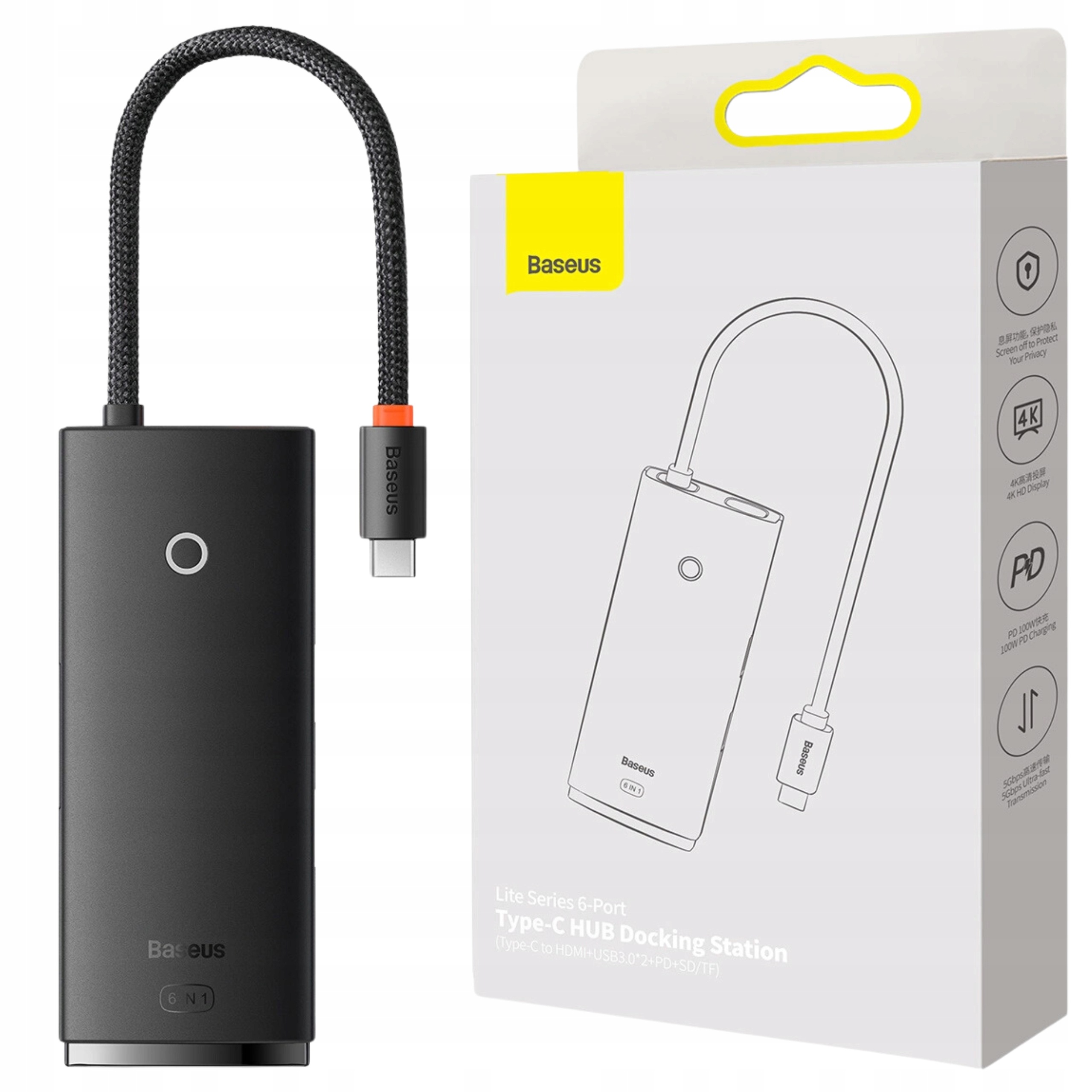 Hub 6v1 Baseus Lite Series Usb-c na 2x Usb 3.0 Usb-c Pd Hdmi Sd/tf (c