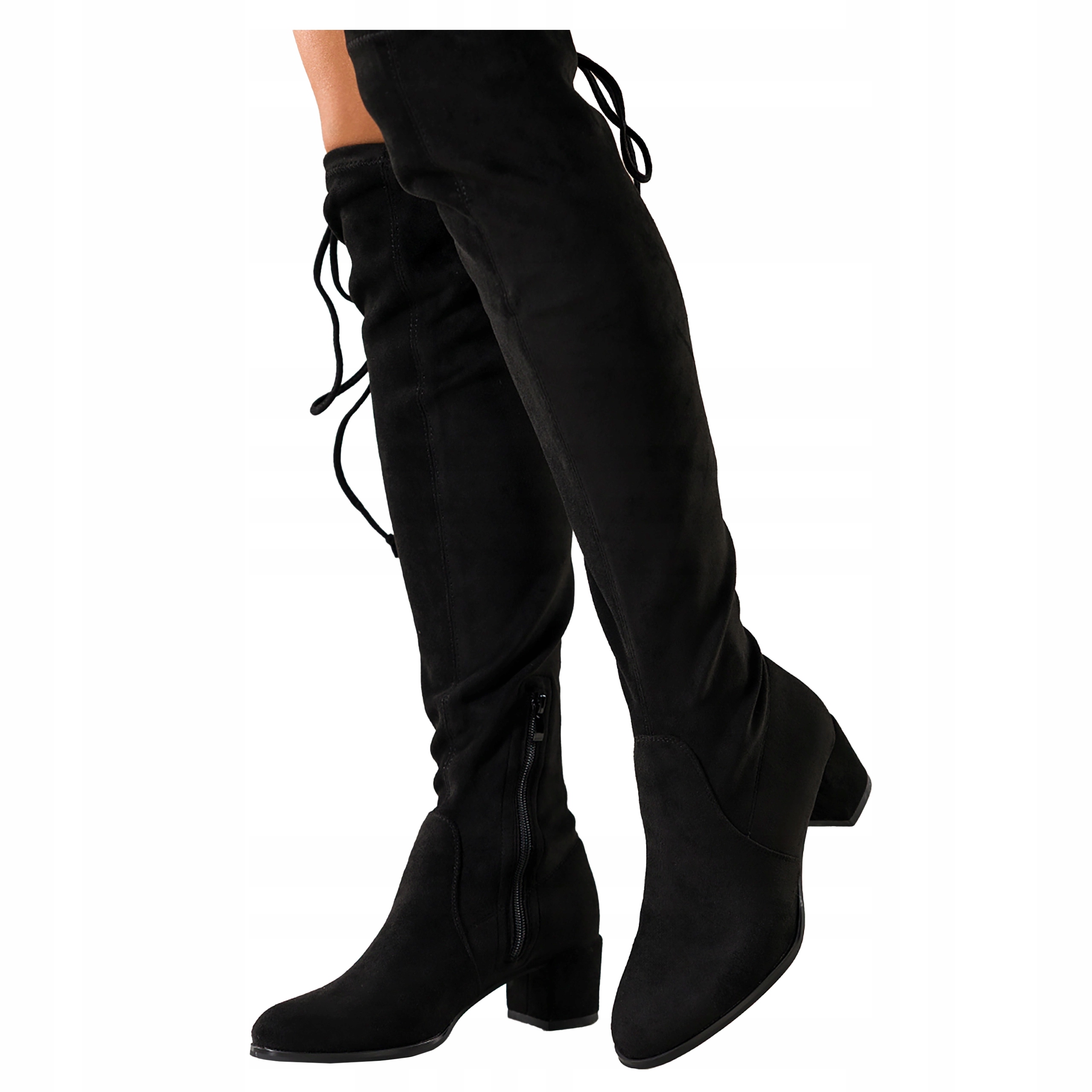 Černé Kozačky Dámské Pohodlné Nízký Podpatek Elastický Svršek Vázání r 36