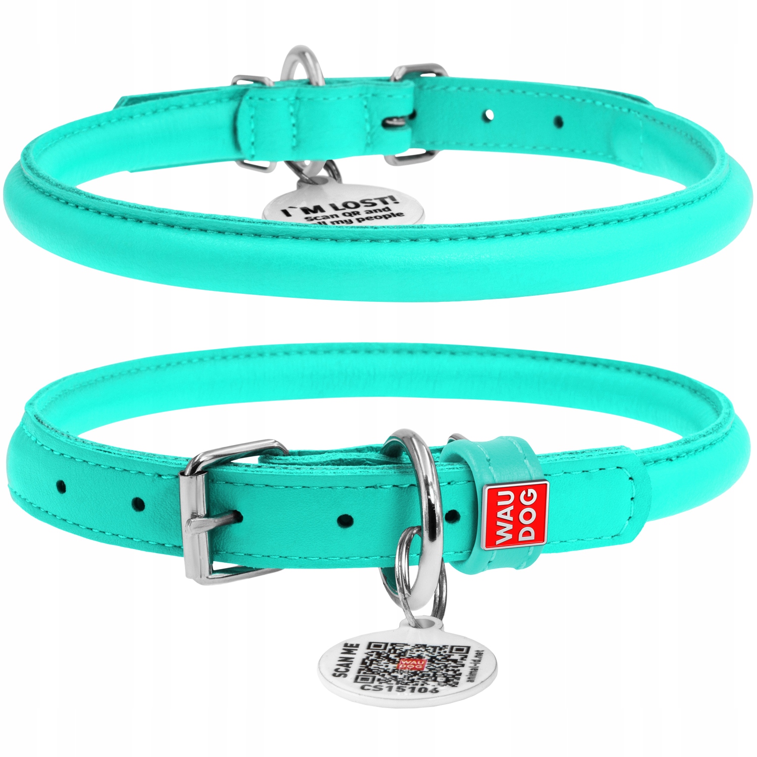 Levně Kožený kulatý obojek pro psa s Qr kódem, nastavitelný, mátový, vel. XL