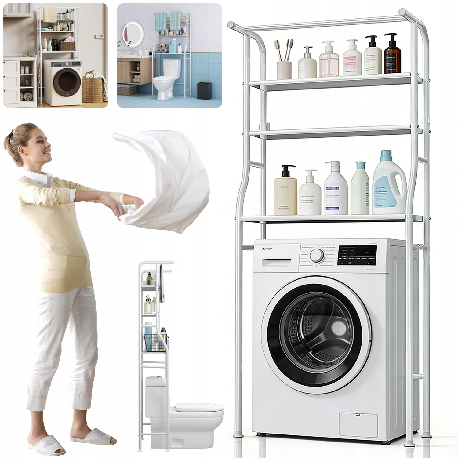 Koupelnový Regál Nad Pračku 3-ÚROVŇOVÁ Stojící Police Kovová 165 CM Bílá