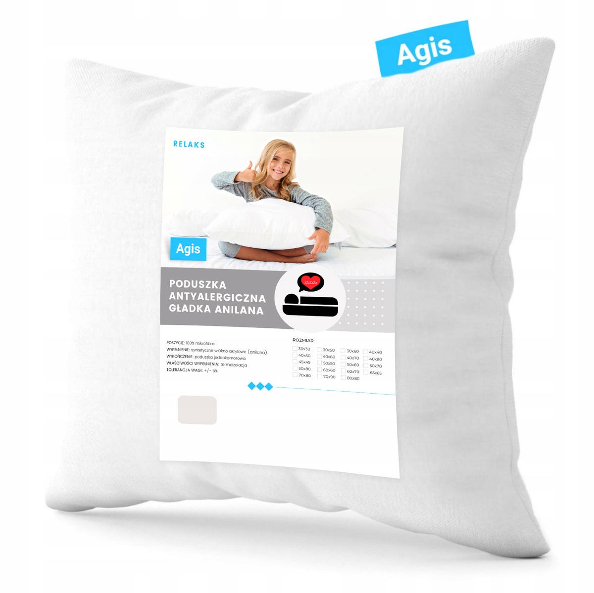 Poduszka Antyalergiczna Anilana Mikrofibra Gładka Biała 40x40 Agis