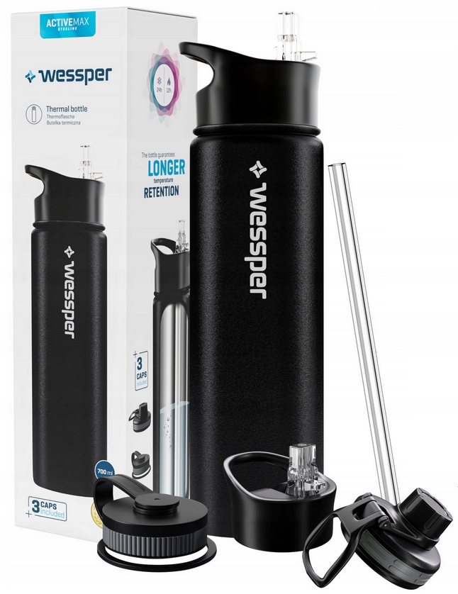 Butelka Termiczna Na Wodę Kawę Herbatę Termos Bidon 0,7L do 3 Nakrętki