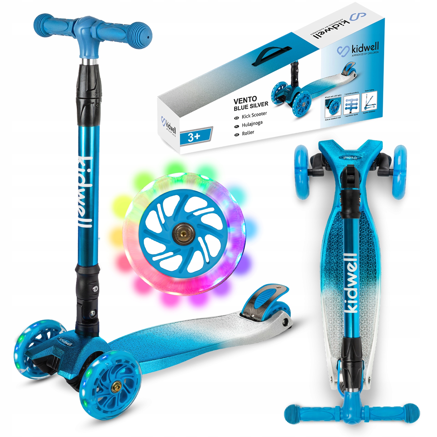 Hulajnoga Balansowa Trójkołowa Vento Blue Silver Błyszcząc Do 50kg Koła Led