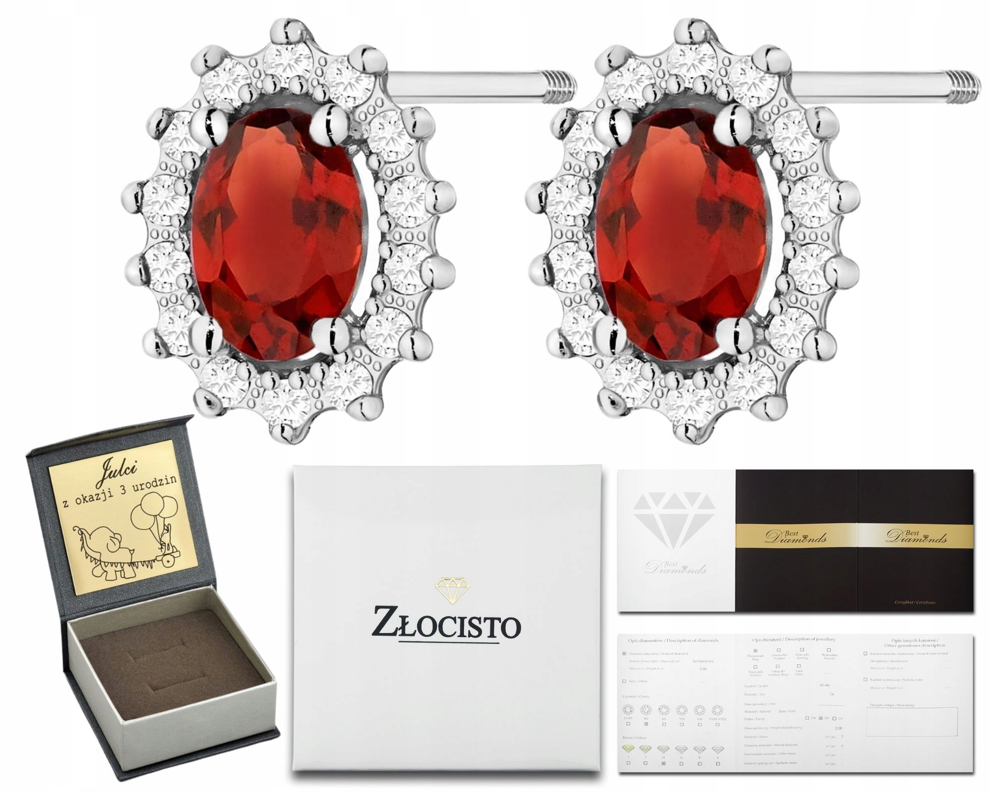 Bílé Zlato Náušnice S Granátem A Diamanty Zlato 585 Šroubovací Tyčinka