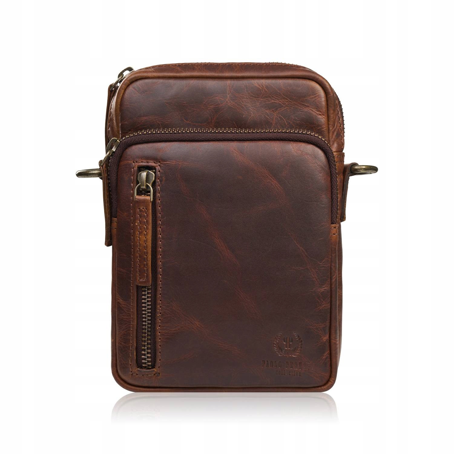 Saszetka męska skórzana na ramię brązowa mała funkcjonalna Paolo Peruzzi