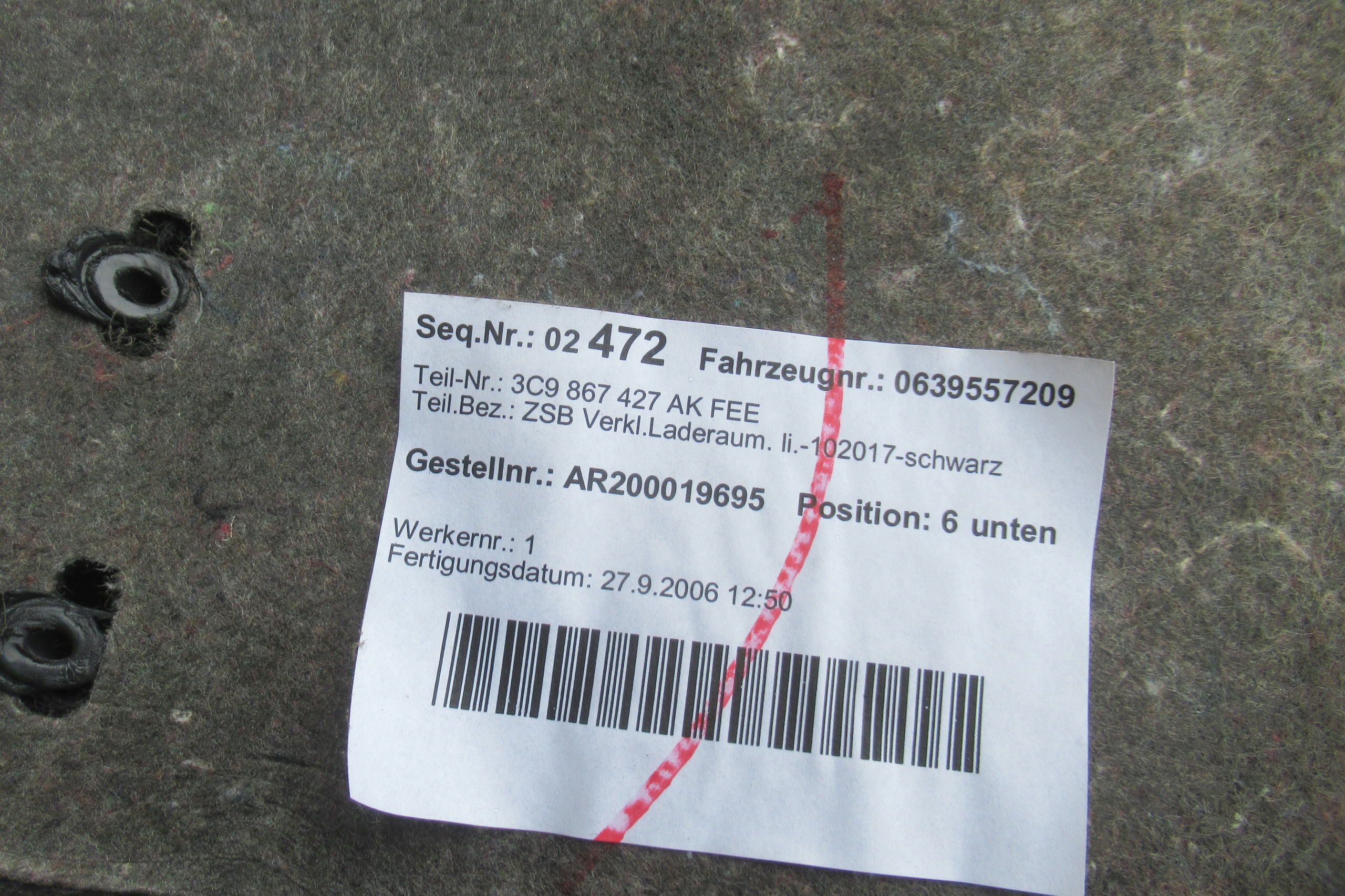VW PASSAT B6 06R KOMBI side upholstery boot left rear part 3C9867427AK