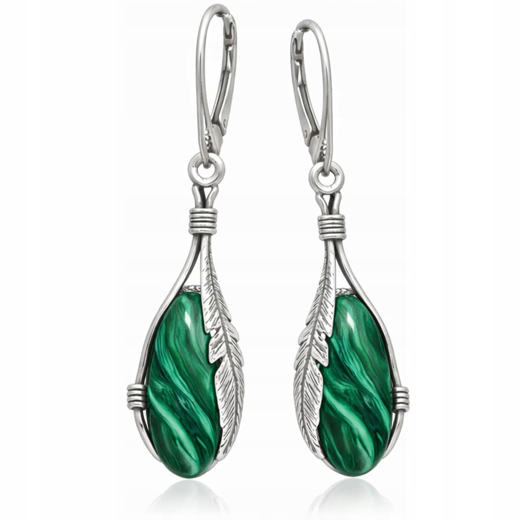 Stříbrné Náušnice Závěsné s zeleným malachitem Dámské Stříbro 925 Dlouhé