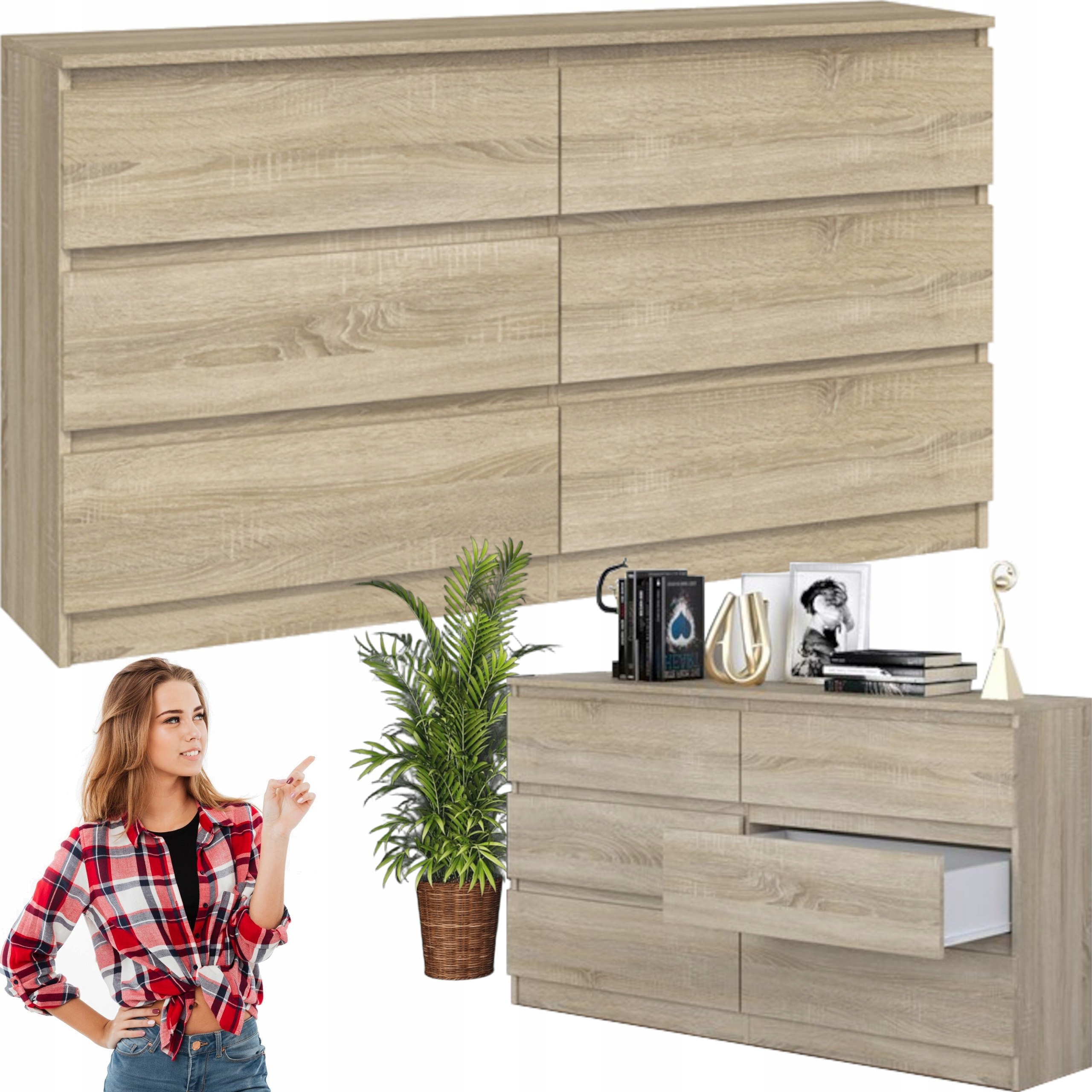 Komoda z szufladami Lilia L6 140 cm Duża Do Salonu Pojemna Dąb Sonoma