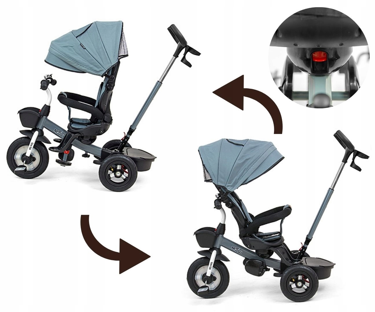 Rower trójkołowy Milly Mally Movi Szary 5w1 koszyk rączka daszek pasy