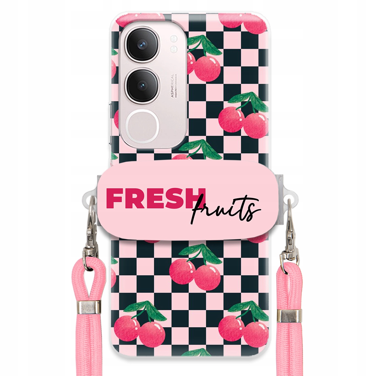 Puzdro pre Vivo Y19S 4G Vodítko Pink Crossbody Šachovnicový držiak Fresh Fruits
