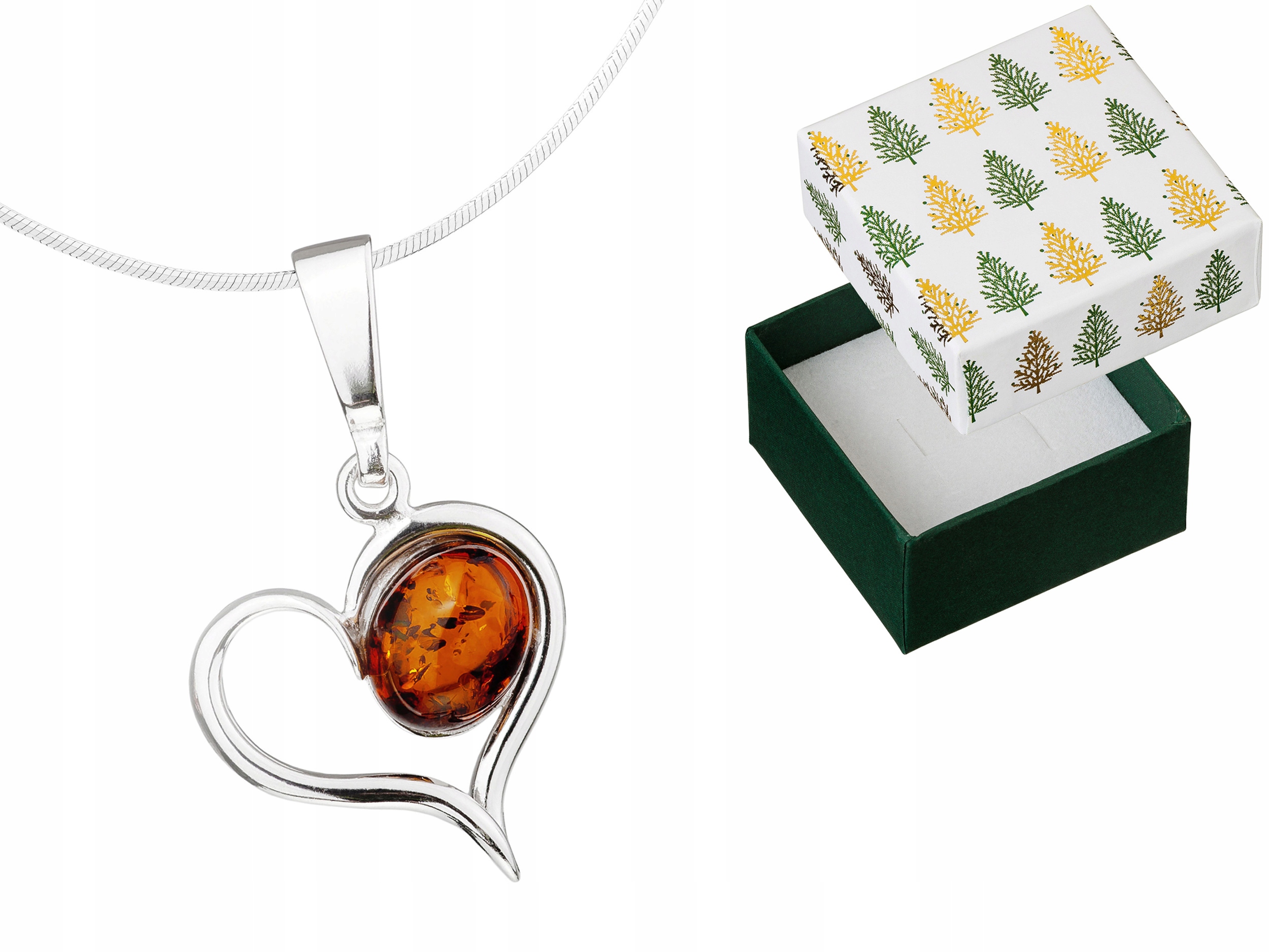 Stříbrný náhrdelník 925 Přívěsek Srdce Přívěsek s jantarem Řetízek 65 cm