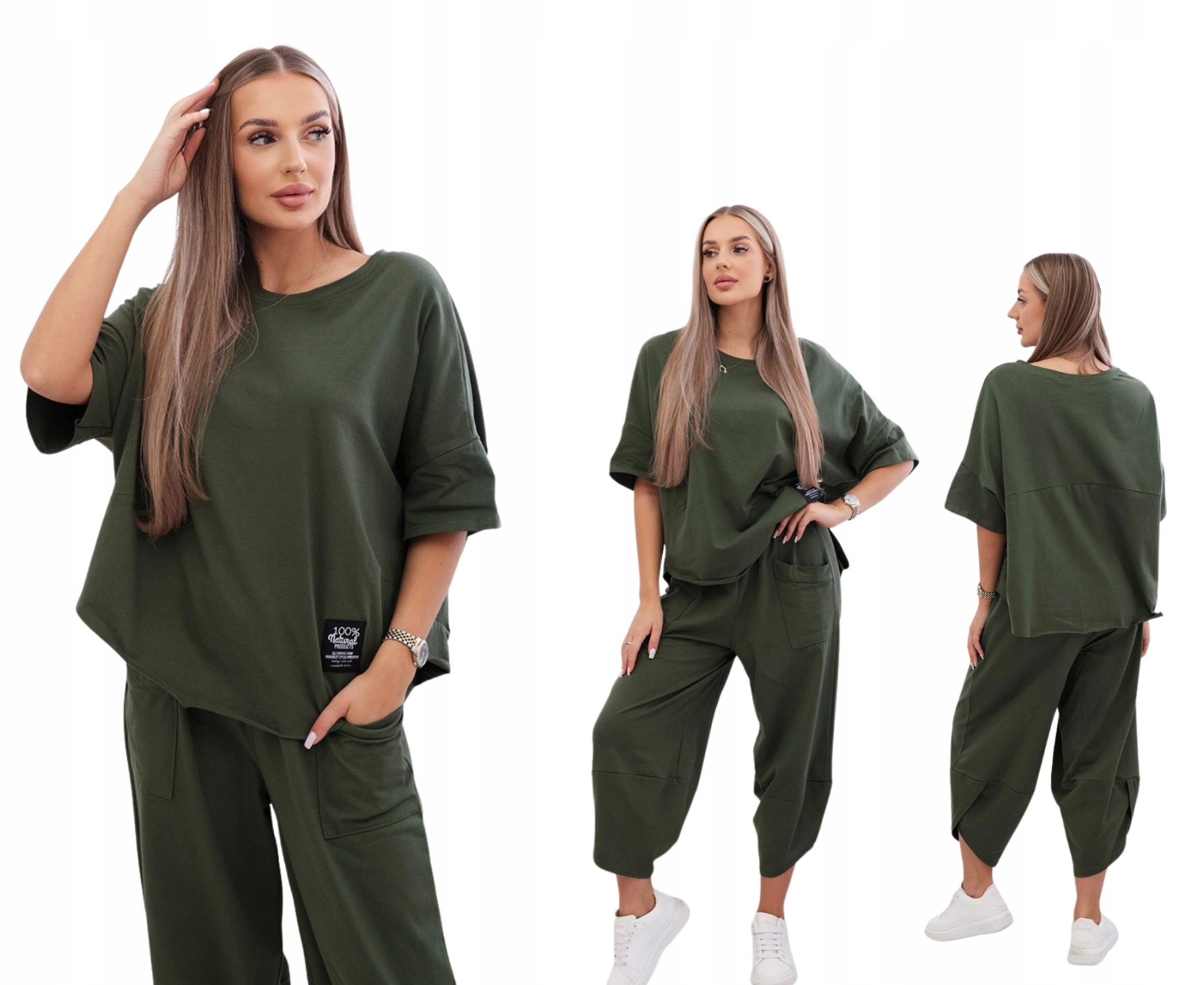 Jasný khaki bavlněný dámský komplet: oversize halenka a kalhoty