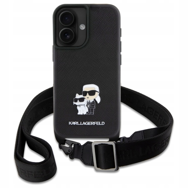 Karl Lagerfeld Saffiano Karl Choupette Metal Pin Pouzdro pro iPhone 16, černé