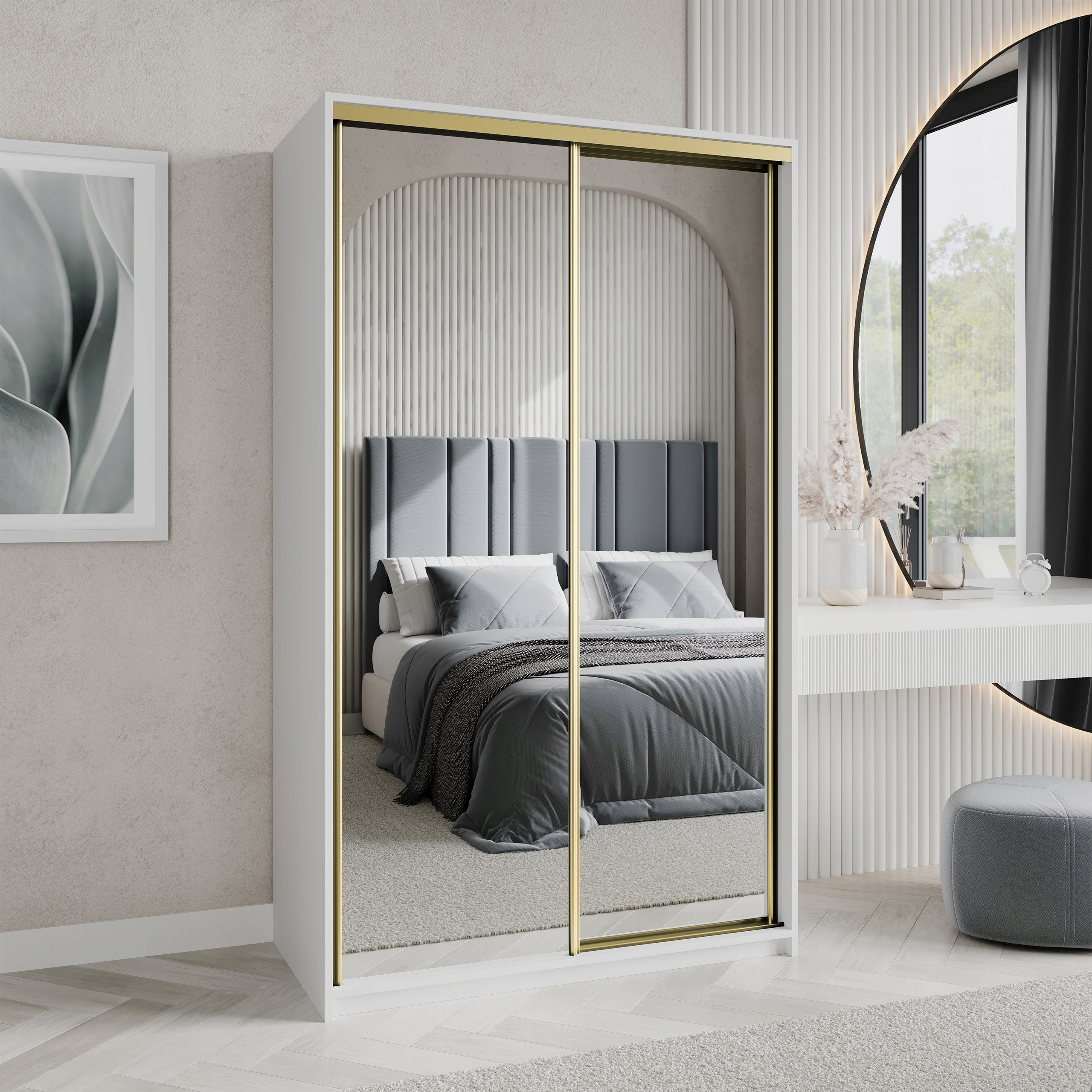 Skříň Posuvná dvoudveřová Rien 120 cm se zrcadlem Zásuvky Bílá Zlatá