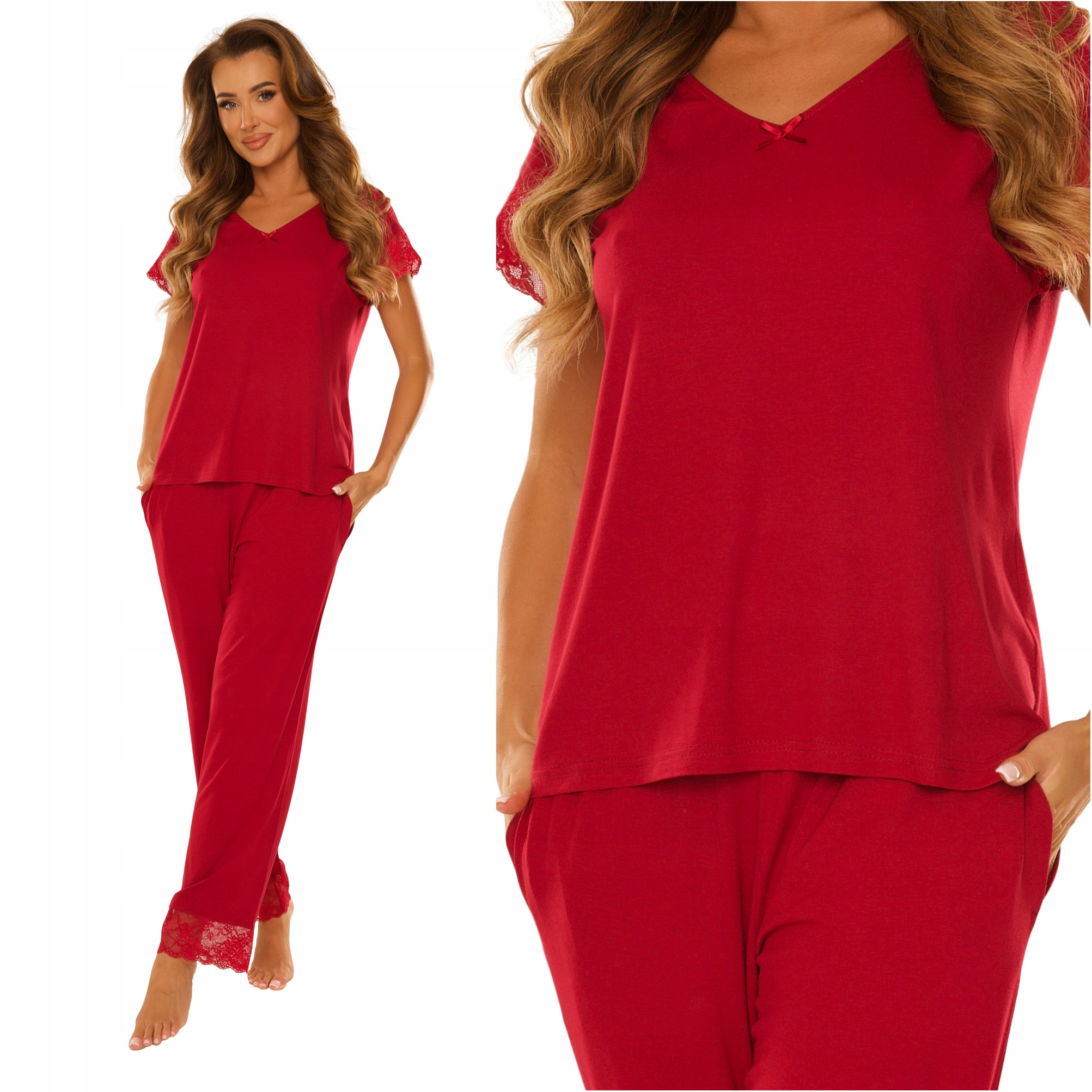 Piżama damska z koronką De Lafense Milagros 736 bordowa S