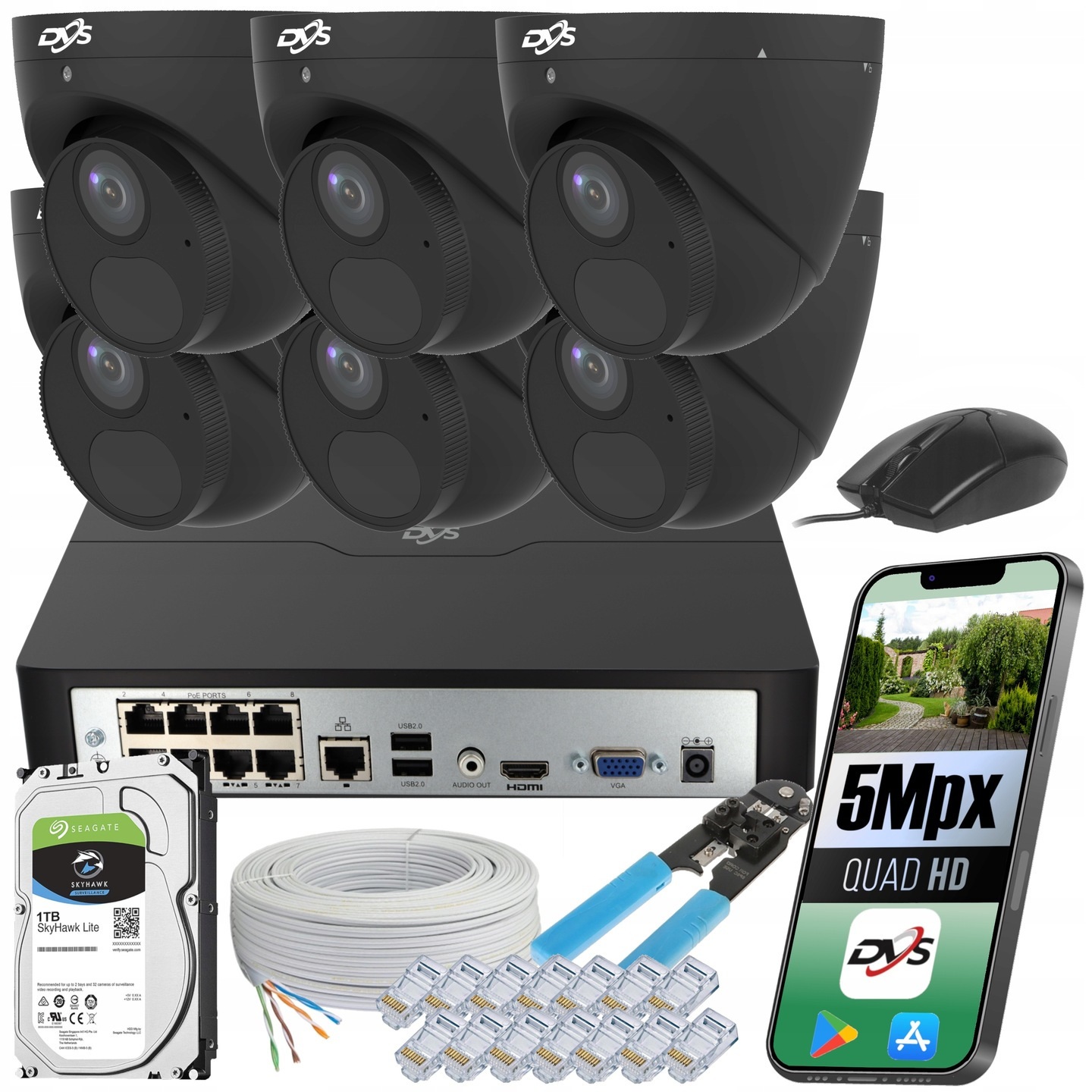 Sada 6 Kamer Pro Ip Monitorování, Černý Mikrofon, Vysoká Kvalita 5 Mpx, 1 Tb