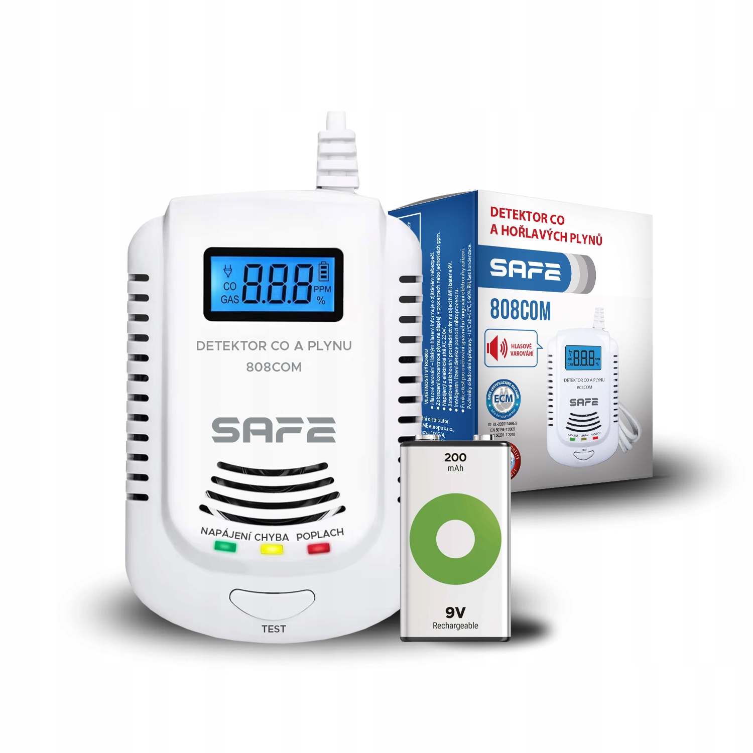 Set Kombinovaný detektor Co a plynov Safe 808COM nabíjacia batéria Gp