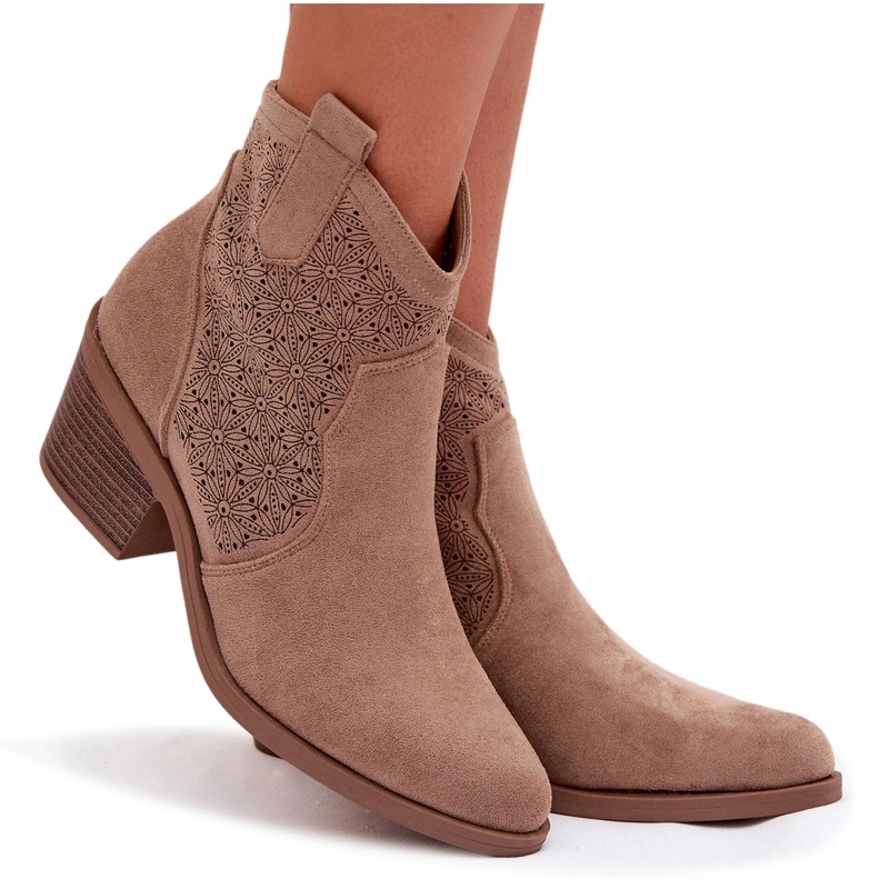 Kotníkové Boty Ažurové Kovbojské Boty Eko Semiš Podpatek S.barski HY61-8013 Béžové 37