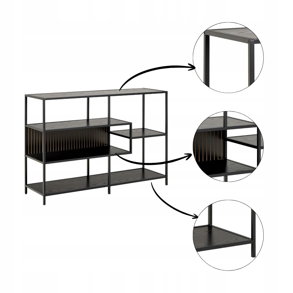 Otvorený regál na knihy, dekorácie, 4 police, čierny jaseň Loft Seaford