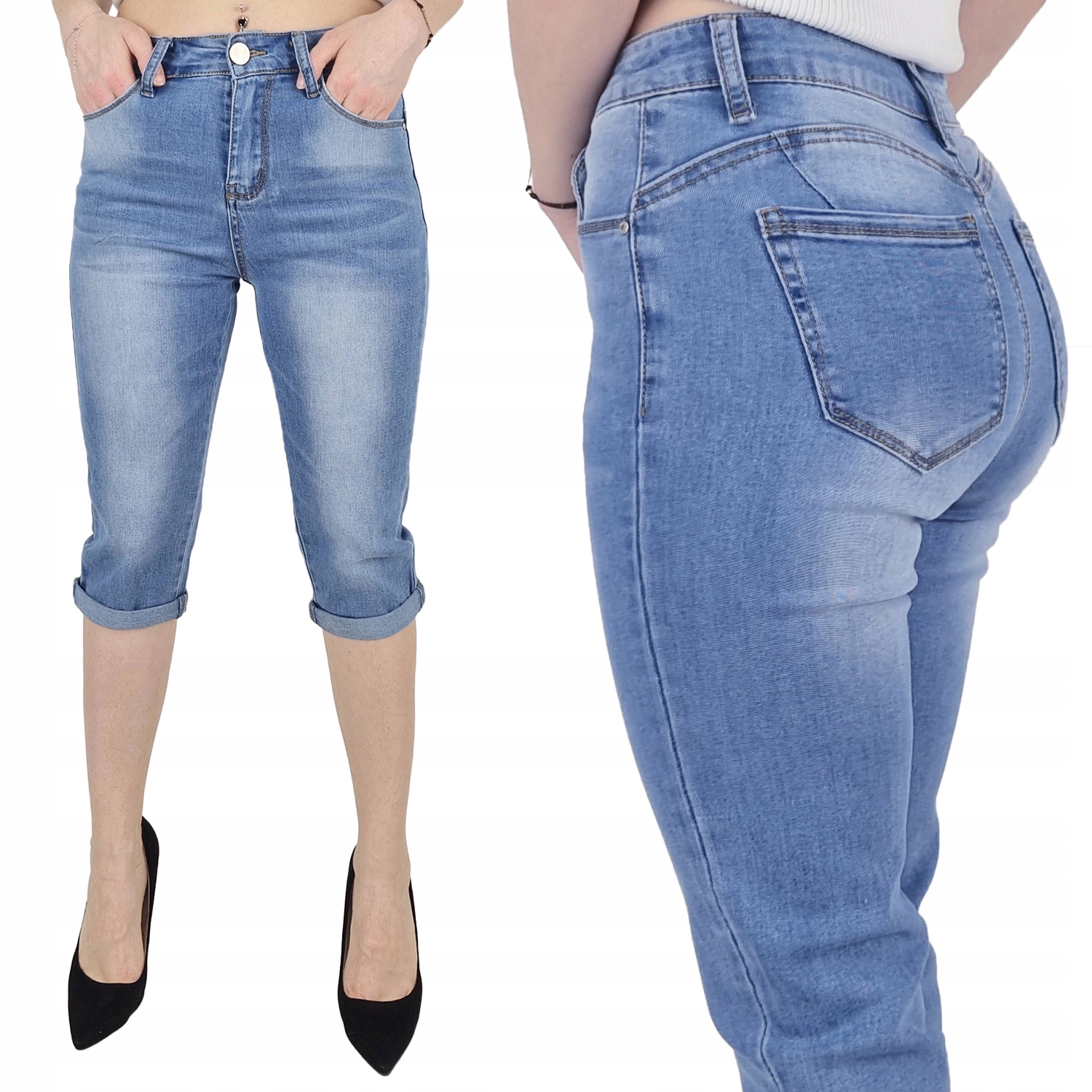 #damskie Spodnie Jeansowe Rybaczki 3/4 Push- Up#