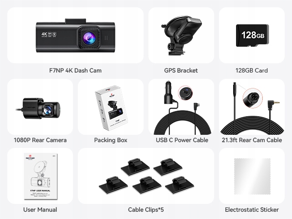 REDTIGER Kamera Samochodowa 4K GPS WiFi Ekran IPS 32GB Karta Nocny Tryb — miniatura 11