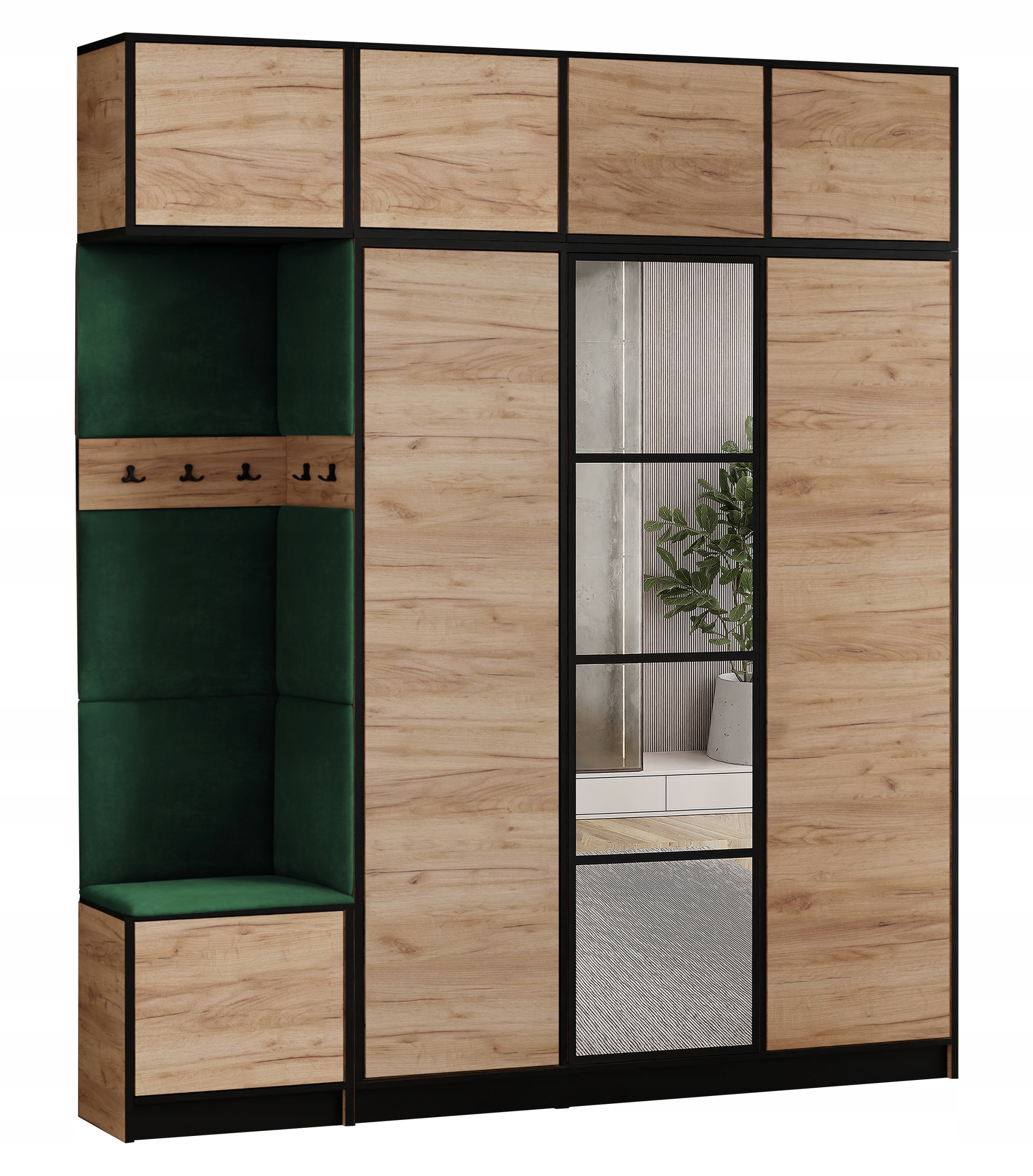 Šatní skříň Costa 14 dub craft zelená tkanina, sedák s nástavcem