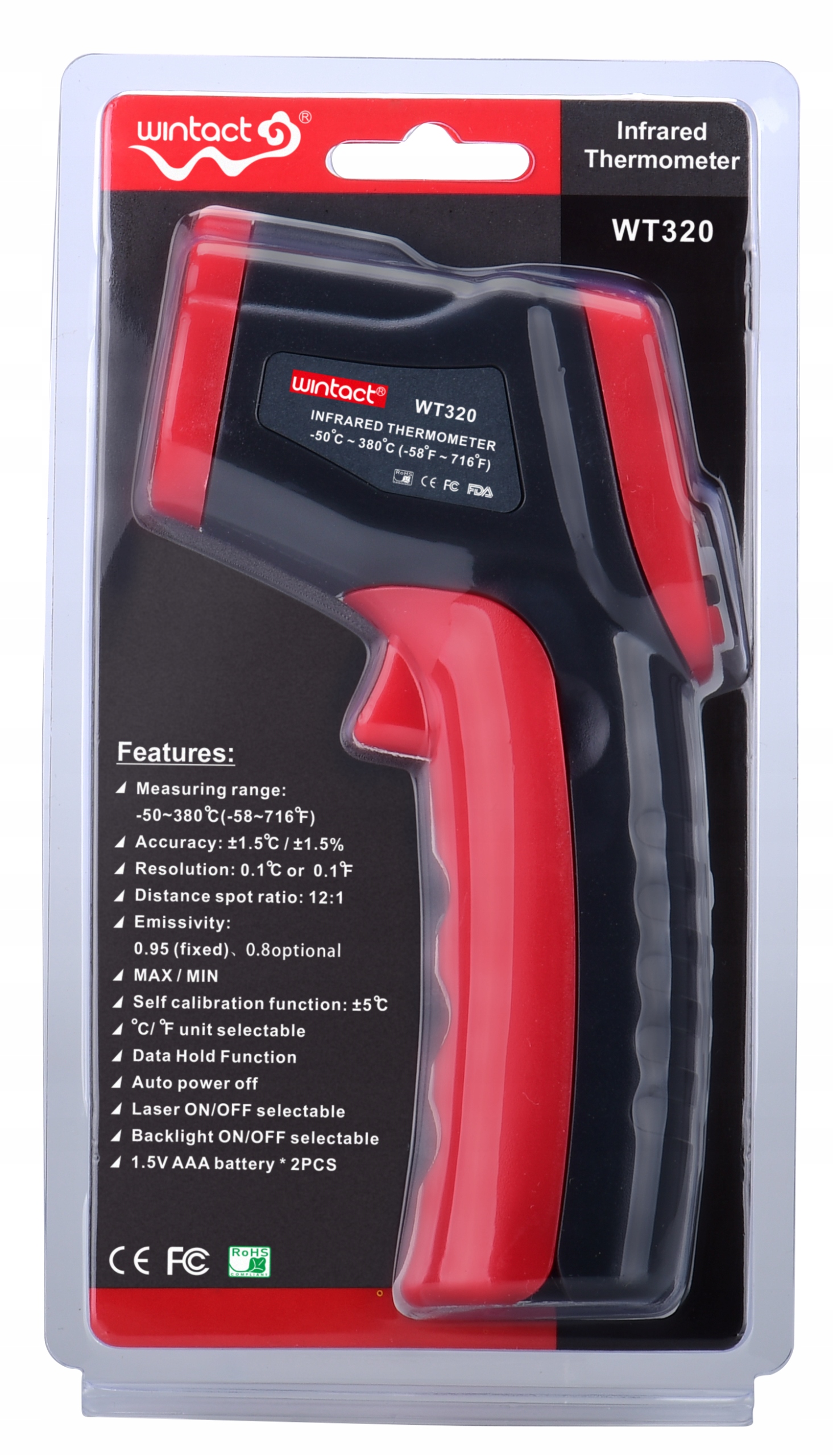 PIROMETR TERMOMETR LASEROWY BEZDOTYKOWY MIERNIK NA PODCZERWIEŃ -50 +380°C Waga produktu z opakowaniem jednostkowym 0.2 kg