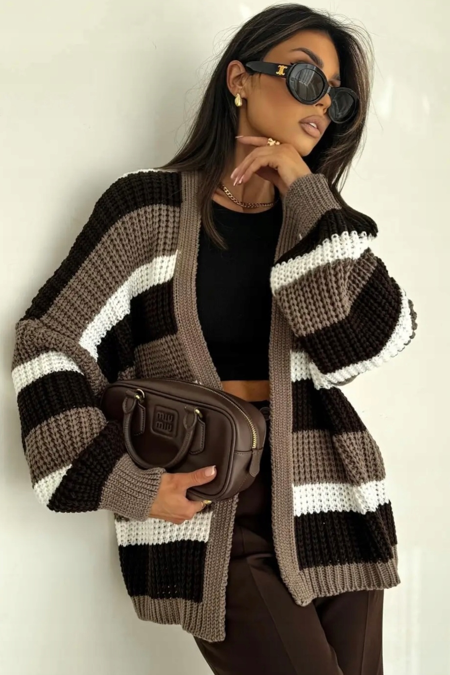 Dámský krátký kardigan s pruhy Mocha/hořká Čokoláda/bílá