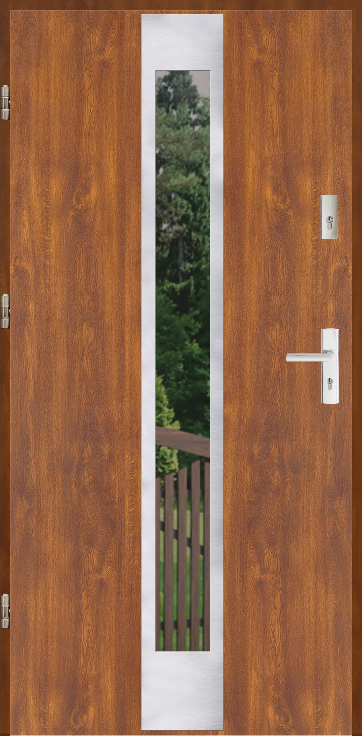 Drzwi wejściowe Ereda 55mm Płaskie 26 Inox Złoty dąb Lewe 90 do wewnątrz