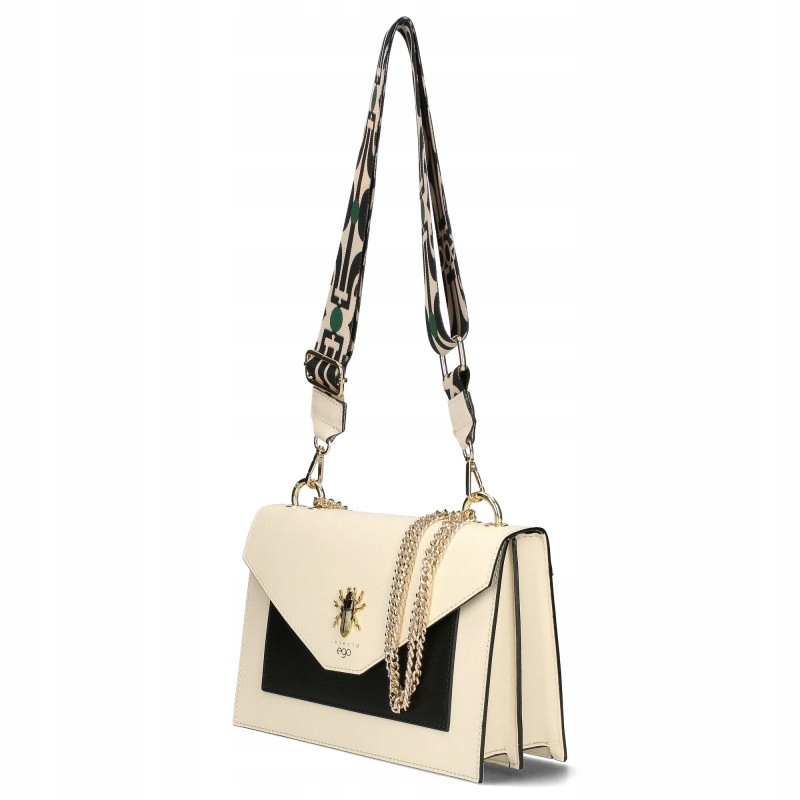 Torebka ego listonoszka skóra naturalna sztywna ecru czarna złoty łańcuch