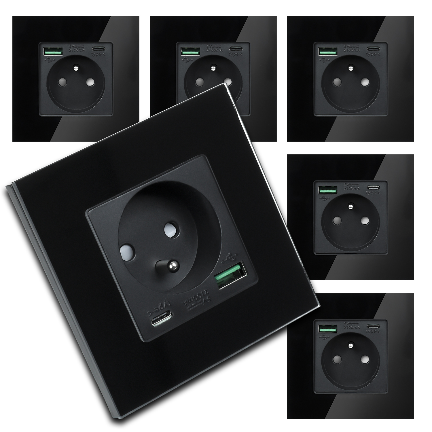 6x Moderní Černá Elektrická Zásuvka Sklo S Vestavěnou Usb Nabíječkou