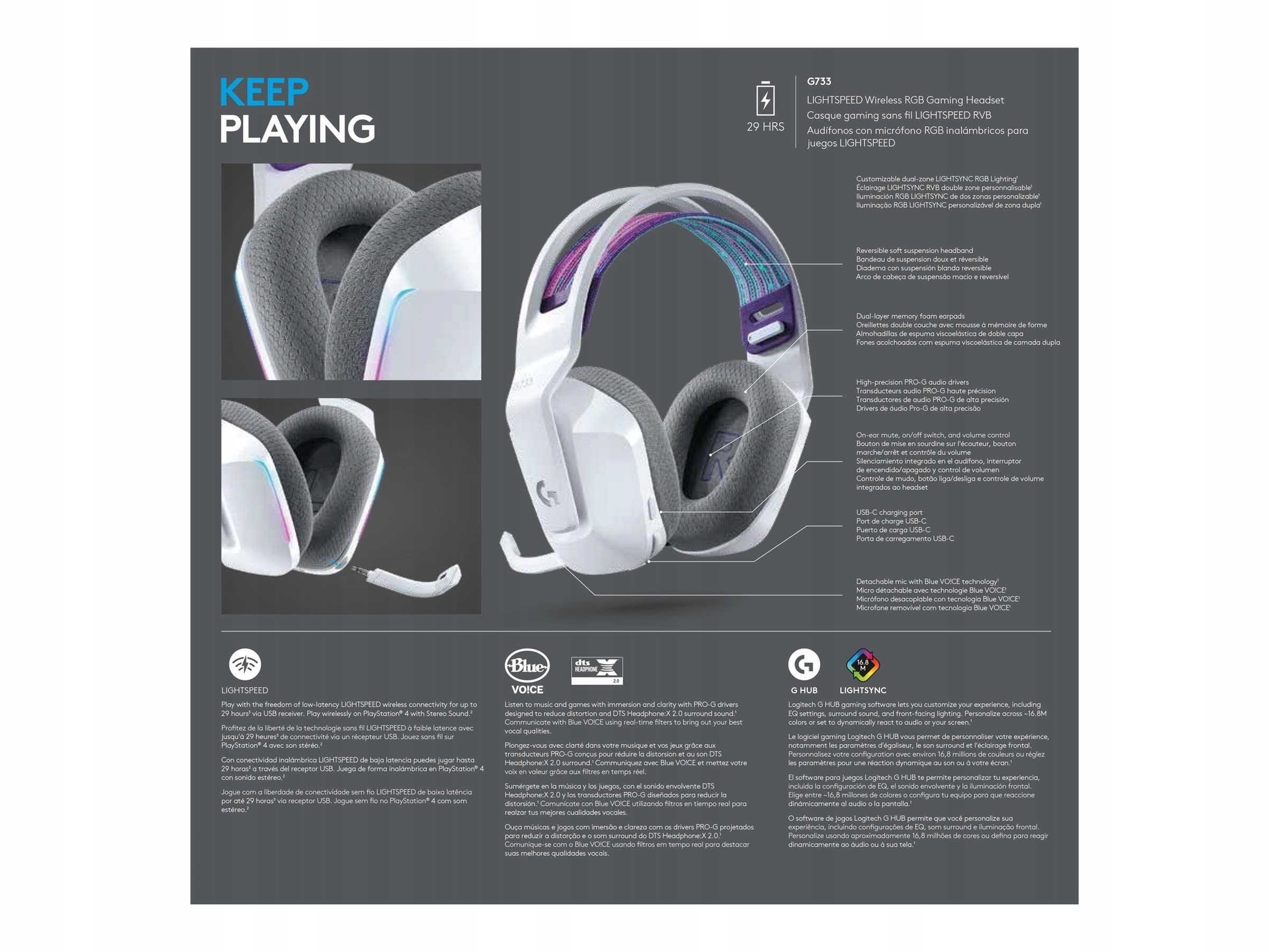 LOGITECH G733 LIGHTSPEED Bezprzewodowy Zestaw Słuchawkowy RGB 29h Biały — miniatura 2