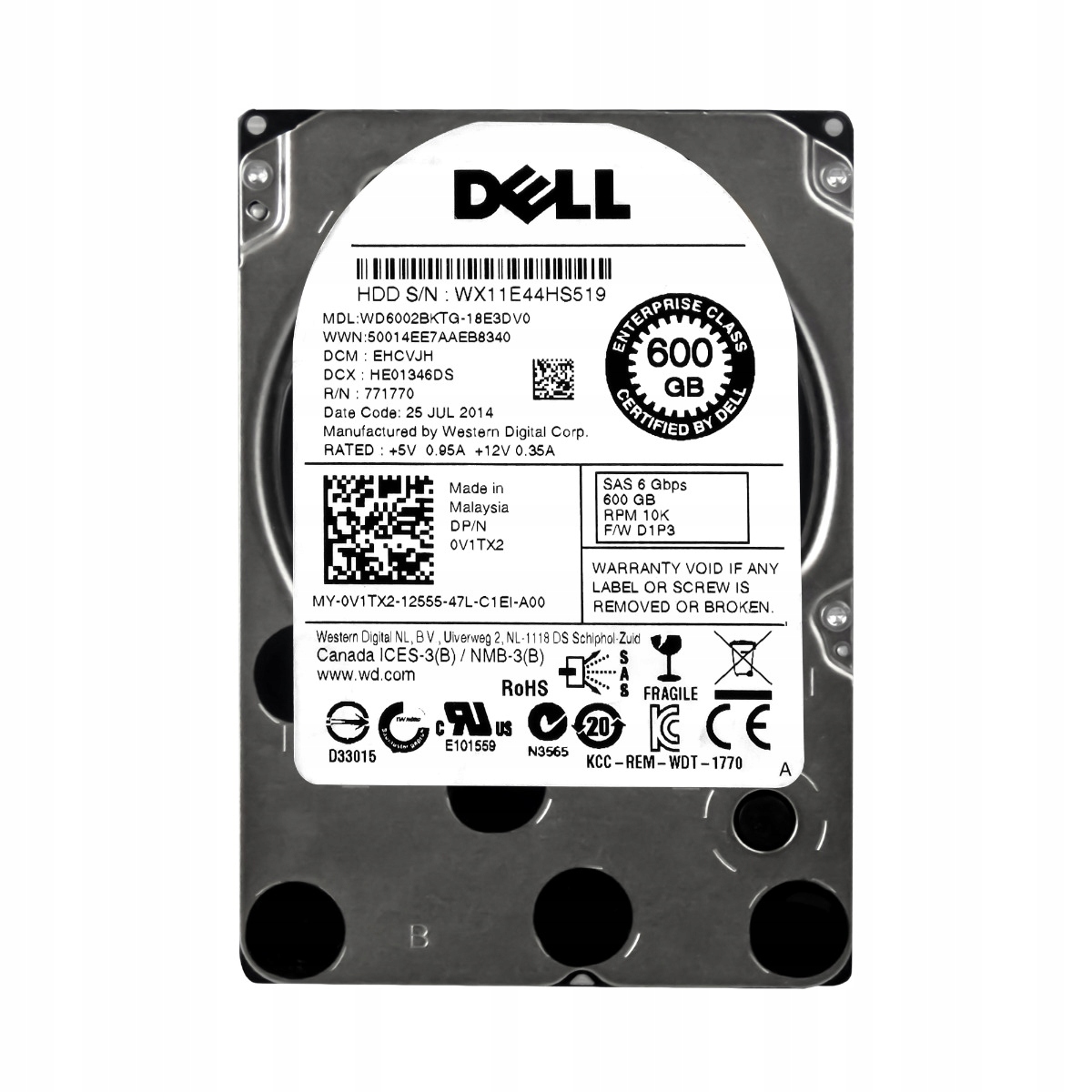 Dell 0V1TX2 600GB 10K 32MB SAS-2 2.5'' WD6002BKTG-18E3DV0