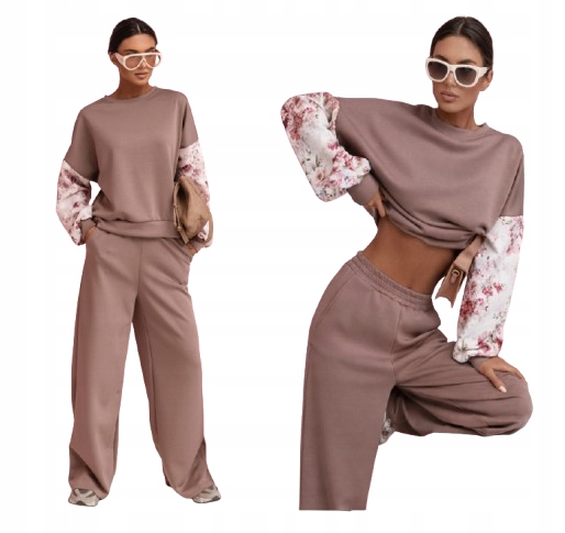 Dres damski komplet Cappuccino Oversize bluza spodnie wide leg masełko L/XL