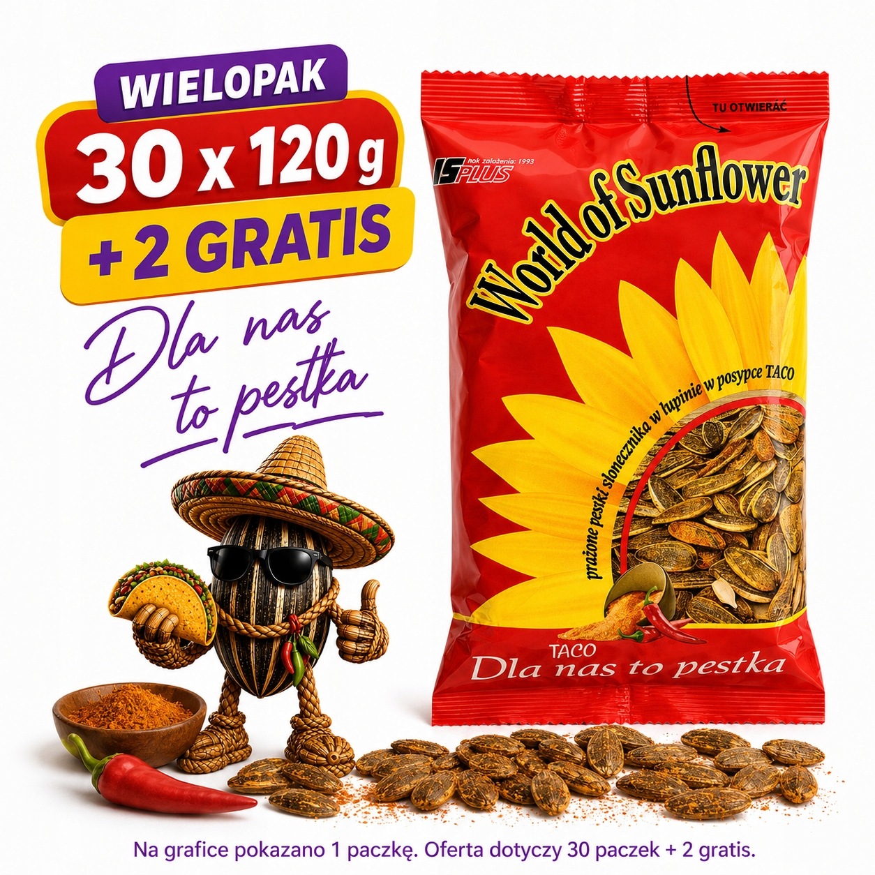 Słonecznik prażony 120g z przyprawą Taco 30 szt. 2 Gratis!