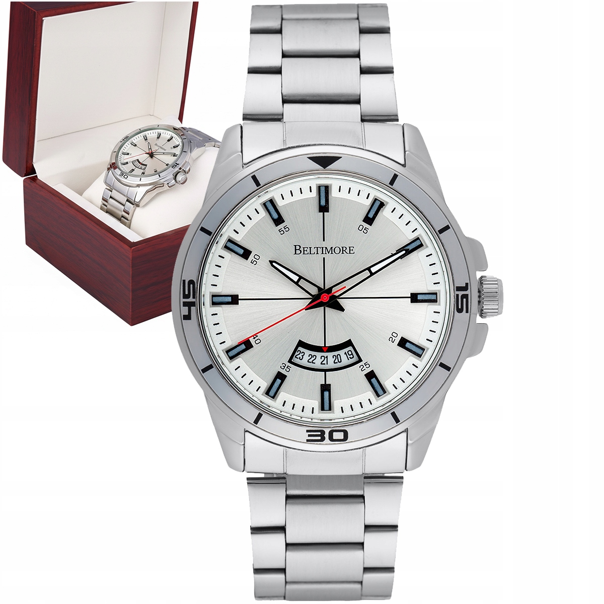 Pánské hodinky náramek datumovka velký stříbrný quartz krabička Beltimore