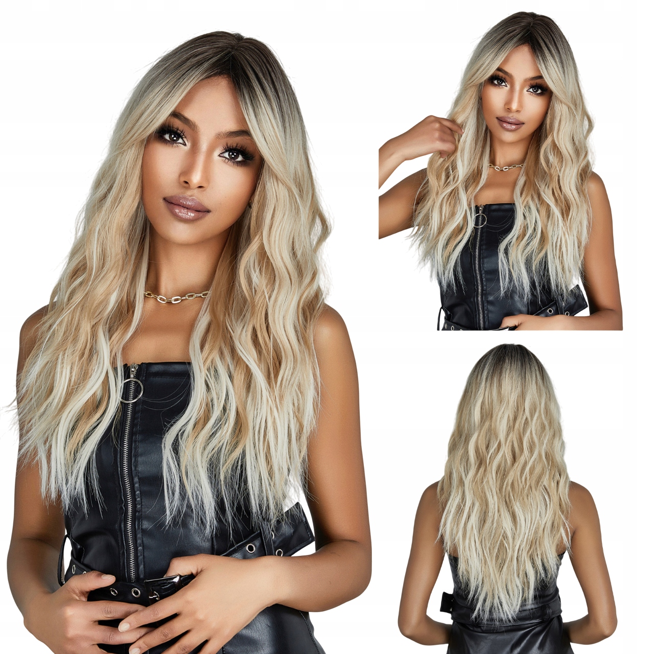 Peruka Blond Ombre Damska fale Dłuższa grzywka długie Włosy Jak naturalne