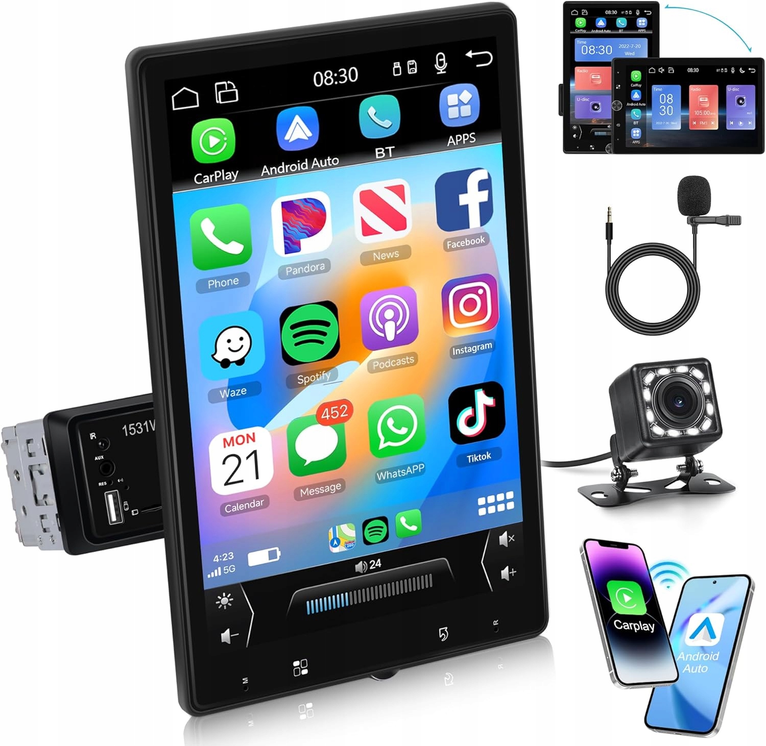 Radio samochodowe 1 Din 10,4" CarPlay Android Auto Navi Kamera Gps Usb